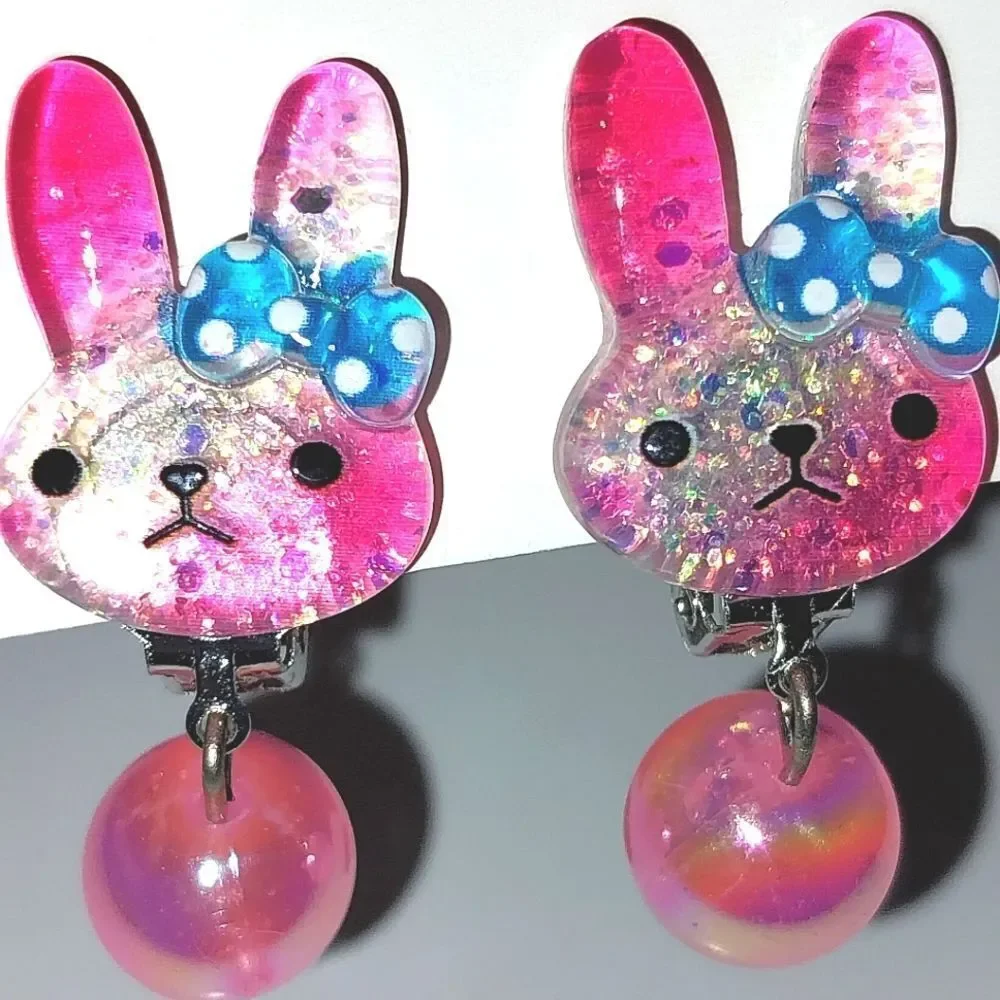 Pink Beautiful Bunny Fashion Clip-on Kids earrings - Picture 4 of 6